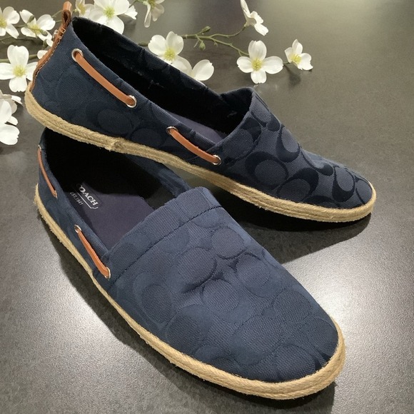Coach Mellow Logo Fabric Slip On Loafers Flats Jute Espadrille Leather Navy Blue - Picture 1 of 16